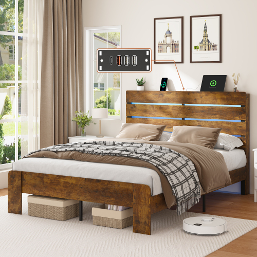 Queen Bed Frame with Headboard and Footboard, with Under Bed Storage, LED Lights, Charging Station,1200lbs CapacityAll-Metal Support System, No Box Spring Needed, Easy Assembly,Rustic BrowQ - Antique Natural - MDF+Steel - Antique Natural - MDF