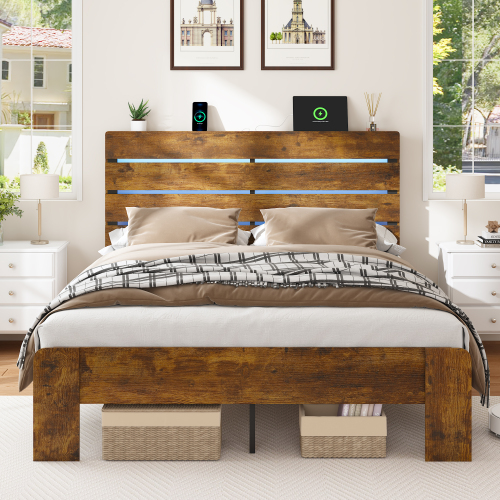 King Bed Frame with Headboard and Footboard, with Under Bed Storage, LED Lights, Charging Station,1200lbs CapacityAll-Metal Support System, No Box Spring Needed, Easy Assembly,Rustic Brown - MDF+Steel - MDF