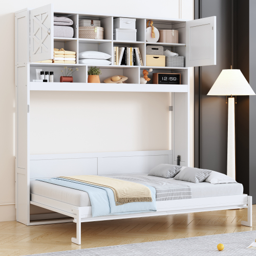 Queen Size Wall Murphy Bed with Ample Storage Space and Diamond Stripes, White - Wood