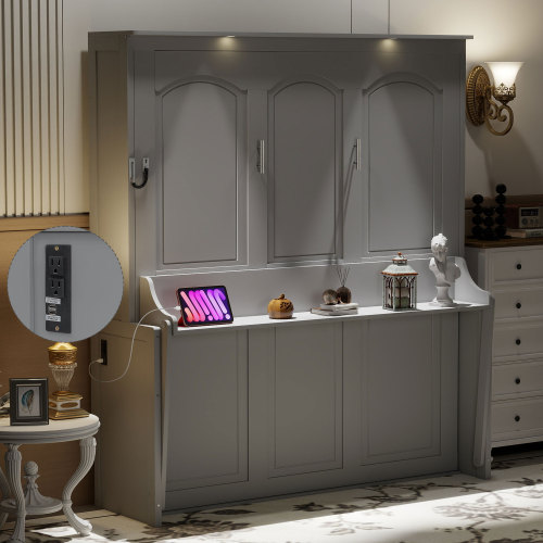 Queen Size Murphy Bed with Desk, LED Lights and USB Charging Station, Gray(Old SKU:N7500004014E) - MDF - MDF