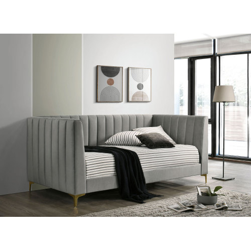 Contemporary Style Tuxedo Inspired Seating Daybed Attached Gold Metal Legs Channel Tufting Light Gray Finish - Flannelette,Metal