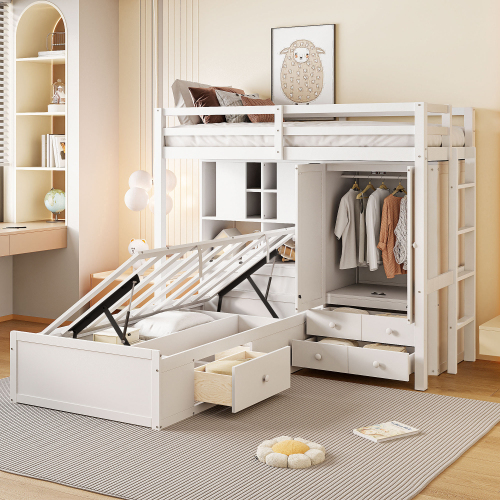 Twin Bunk Bed with Drawers, Wardrobe, Storage Shelves and Hydraulic Bed,White - MDF+LVL - MDF
