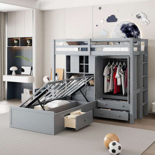 Twin Bunk Bed with Drawers, Wardrobe, Storage Shelves and Hydraulic Bed,Gray - MDF+LVL - MDF