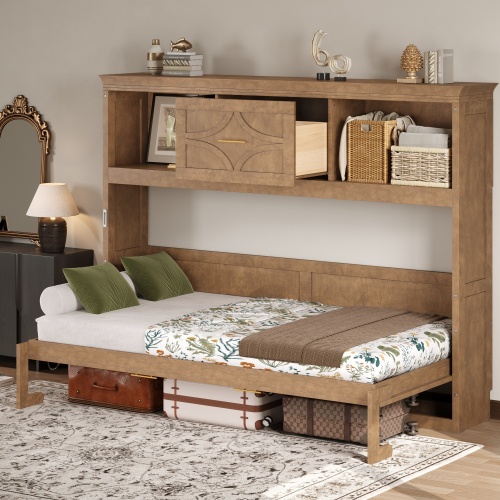 Twin Size Murphy Bed with Charging Station and a Drawer, Wood Color - Solid Wood+MDF - Box Spring Not Required - Not Specified
