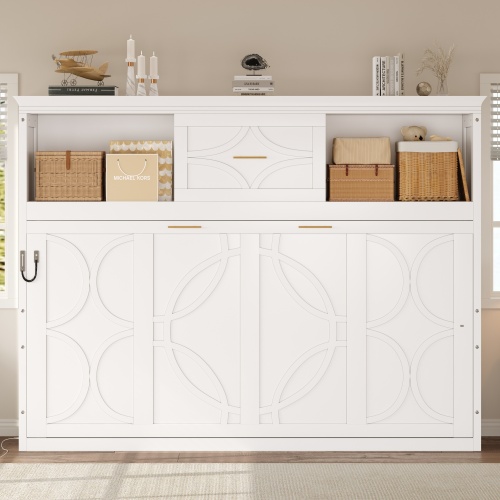 Twin Size Murphy Bed with Charging Station and a Drawer, White - Solid Wood+MDF - Box Spring Not Required - Wood - Solid Wood