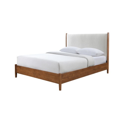 Walnut Color Panel Headboard Beige Upholstered 1pc Queen Size Bed Solid wood Mattress Ready Mid-Century Modern Style - Beige,Walnut - Boucle,Solid Wood - Contemporary,Mid-Century Modern,Transitional - Bed Frame - Box Spring Not Required - Bedroom - Not Specified - Not Specified - Not Specified - Not Specified - Not Specified - Not Specified