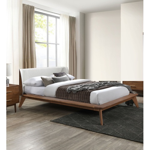 Walnut / Beige Color Full Size Bed 1pc Fabric Winged Edge Headboard Platform Bedframe Mattress Ready Mid-Century Modern Style - Boucle,Solid Wood - Contemporary,Mid-Century Modern,Transitional - Bed Frame - Not Specified - Bedroom - Wood - Boucle - Boucle - Not Specified - Not Specified - Not Specified - Not Specified - Not Specified