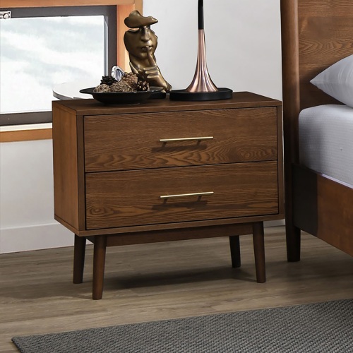 Walnut 1pc Nightstand Solid wood Bedside Table Nickle Bar Pulls 2-Drawers Round Tapered Legs Bedroom Modern Style - Contemporary,Mid-Century Modern - Not Specified - Not Specified - Not Specified - Not Specified - Not Specified - 2 Drawers - Easy Assembly - Bedside Cabinet - Not Specified - Not Specified