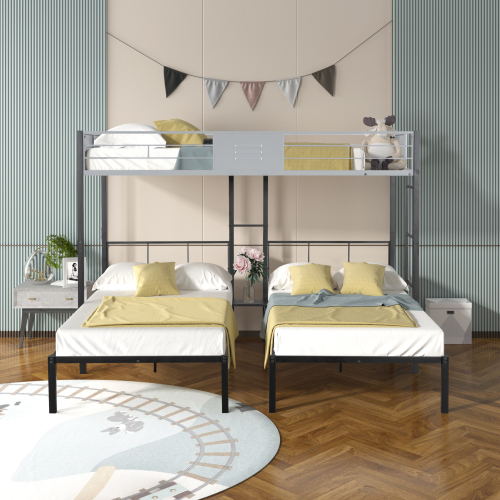 Triple Bunk Bed with Vent Board/ Sturdy Metal Frame/ Noise-Free Wood Slats/ Separatable into three beds/ No Box Spring Needed - Black - Steel - Twin