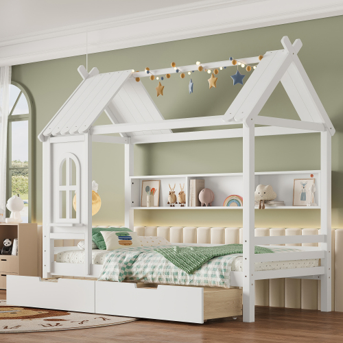 Twin house Beds with Storage Drawers and Window, Solid Wood House Platform Bed Frame with shelves, for Kids, Girls, Boys, No Spring Box Needed and Childlike Design, White - Light White - MDF,Pine,Plywood - Light White - MDF