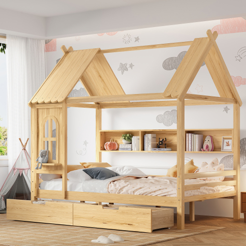 Full house Beds with Storage Drawers and Window, Solid Wood House Platform Bed Frame with shelves, for Kids, Girls, Boys, No Spring Box Needed and Childlike Design, Natural - MDF,Pine,Plywood - MDF