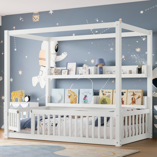 Twin Size Canopy Bed with Guardrails, Solid Wood Floor Bed with Shelves, Montessori Floor Bed Frame for Kids, Boys, Girls, No Spring Box Needed, White - Light White - MDF,Pine,Plywood - Light White - MDF