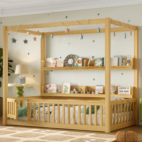 Twin Size Canopy Bed with Guardrails, Solid Wood Floor Bed with Shelves, Montessori Floor Bed Frame for Kids, Boys, Girls, No Spring Box Needed, Natural - MDF,Pine,Plywood - MDF
