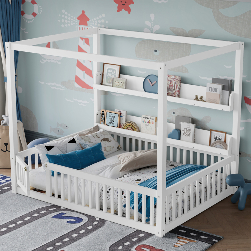 Full Size Canopy Bed with Guardrails, Solid Wood Floor Bed with Shelves, Montessori Floor Bed Frame for Kids, Boys, Girls, No Spring Box Needed, White - Light White - MDF,Pine,Plywood - Light White - MDF