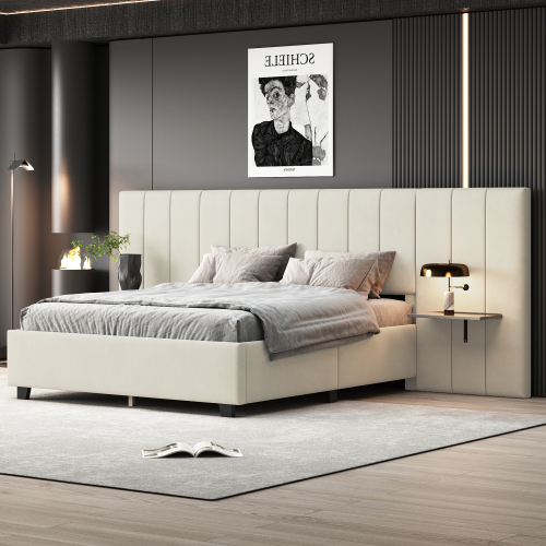 Queen Size Upholstered Platform Bed with Big Headboard, Bedroom Furniture, Velvet, Beige - Plywood