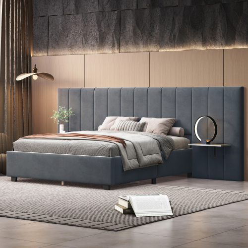 Queen Size Upholstered Platform Bed with Big Headboard, Bedroom Furniture, Velvet, Gray - Plywood