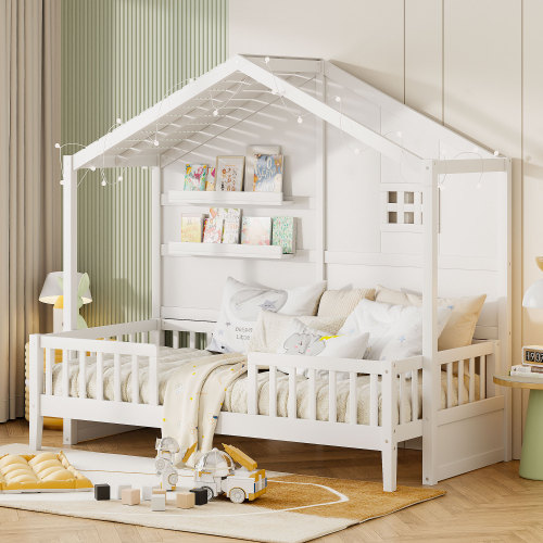 Twin Size House Bed with Shelves, House Bed with Window and Sparkling Light Strip on the Roof, White - Solid Wood+MDF