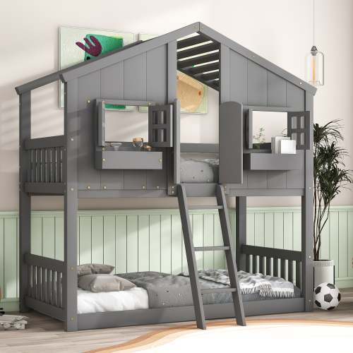 Twin over Twin House Bunk Bed with Roof , Window, Window  Box, Door , with Safety Guardrails and Ladder, Grey - Pine - Pine