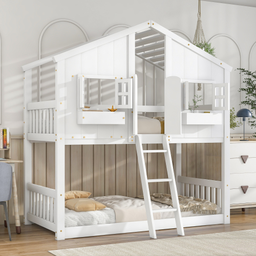 Twin over Twin House Bunk Bed with Roof , Window, Window  Box, Door , with Safety Guardrails and Ladder,White - Pine - Pine