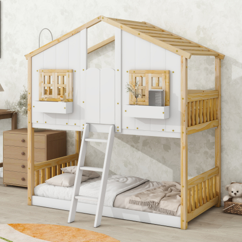 Twin over Twin House Bunk Bed with Roof , Window, Window  Box, Door , with Safety Guardrails and Ladder, Natural/White - Natural+White - Pine - Pine