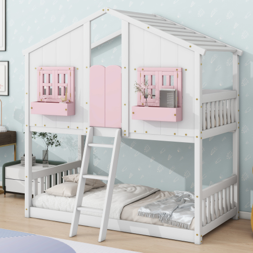 Twin over Twin House Bunk Bed with Roof , Window, Window  Box, Door , with Safety Guardrails and Ladder, Pink/White - Pink+White - Pine - Pine