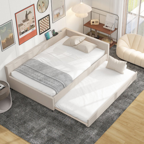 Full Size Upholstered Platform Bed with USB and Twin Size Trundle, Beige - Wood - Bedroom - Bed Frame - Box Spring Not Required - Linen - Wood - Not Specified