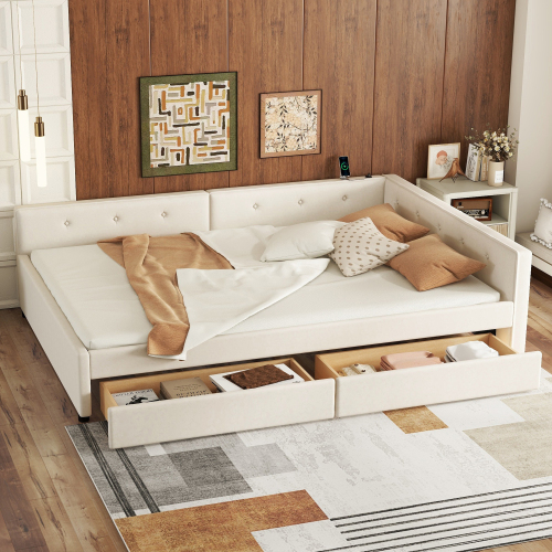 Full Size Upholstered Platform Bed with USB and 2 Drawers, Beige - Bedroom - Bed Frame - Box Spring Not Required - Linen - Wood