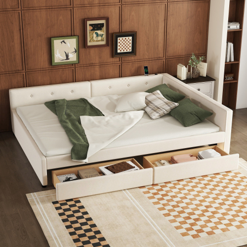 Queen Size Upholstered Platform Bed with USB and 2 Drawers, Beige - Bedroom - Bed Frame - Box Spring Not Required - Linen - Wood