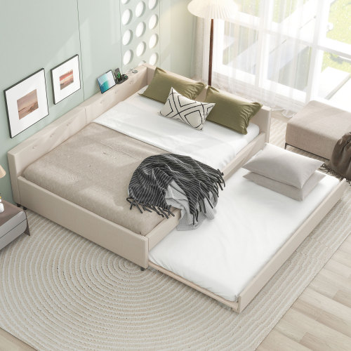 Queen Size Upholstered Platform Bed with USB and Twin Size Trundle, Beige (Old SKU: DL000559AAA-1) - Wood - Bedroom - Bed Frame - Box Spring Not Required - Linen - Wood - Not Specified