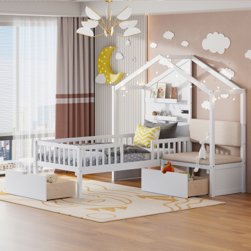 Twin Size House Bed with Upholstered Sofa, House Bed with Charging Station, Wireless Charging, Shelves and Two Drawers, White - Solid Wood+MDF