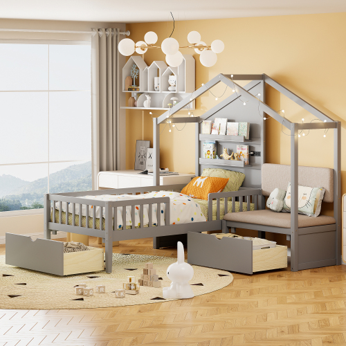 Twin Size House Bed with Upholstered Sofa, House Bed with Charging Station, Wireless Charging, Shelves and Two Drawers, Gray - Solid Wood+MDF