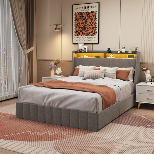 Queen Size Bed Frame with LED, 4 Under-bed Portable Storage Drawers, Wings Headboard Design, Light Grey - Upholstered - Upholstered - Upholstered - Bedroom - Box Spring Not Required - Linen - Metal - Not Specified - Not Specified - Not Specified