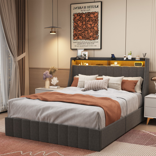 Queen Size Bed Frame with LED, 4 Under-bed Portable Storage Drawers, Wings Headboard Design, Dark Grey - Upholstered - Upholstered - Upholstered - Bedroom - Box Spring Not Required - Linen - Metal - Not Specified - Not Specified - Not Specified