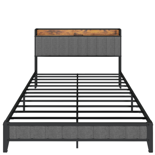 Full Size Bed Frame with Charging Station, Upholstered Headboard, Metal Platform, Grey - Bedroom - Box Spring Not Required - Linen - Not Specified - Not Specified - Not Specified