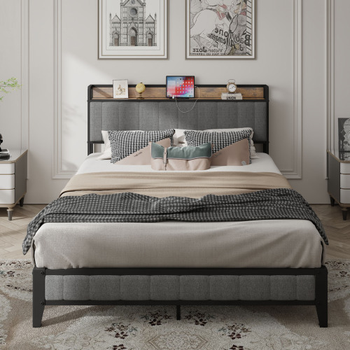 Queen Size Bed Frame with Charging Station, Upholstered Headboard, Metal Platform, Grey - Bedroom - Box Spring Not Required - Linen - Not Specified - Not Specified - Not Specified
