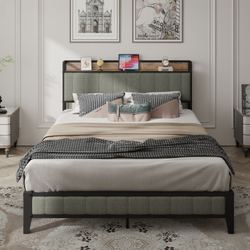 Queen Size Bed Frame with Charging Station, Upholstered Headboard, Metal Platform, Grey - Not Specified - Bedroom - Box Spring Not Required - Linen - American Design - Not Specified - Not Specified