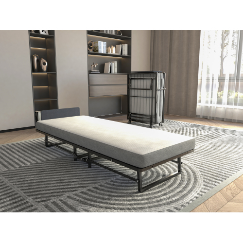 Metal Folding Bed Frame with Foam Mattress of Pockets, Easy Storage and Movable with 4 Castors - Black - Twin - Bedroom - Box Spring Not Required - Cotton - Minimalist,Modern - Not Specified - Not Specified
