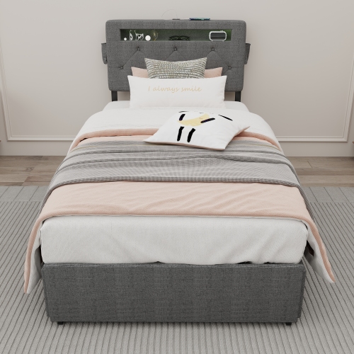 Twin Bed Frame with USB Charging Station & LED Lights, Twin Bed Frame with Headboard & 4 Storage Drawers, D - Upholstered - Upholstered - Foam - Bedroom - Box Spring Not Required - Linen - Metal - Contemporary - Not Specified - Not Specified