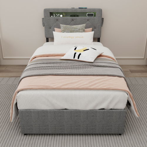 Twin Bed Frame with USB Charging Station & LED Lights, Twin Bed Frame with Headboard & 4 Storage Drawers - Upholstered - Upholstered - Foam - Bedroom - Box Spring Not Required - Linen - Metal - Contemporary - Not Specified - Not Specified
