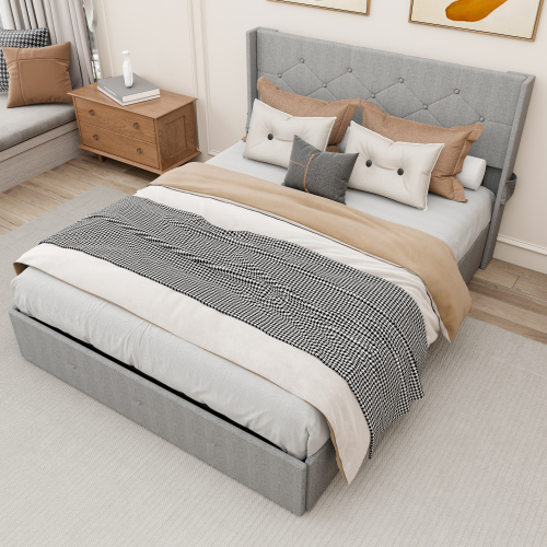 Full Size Bed Frame with Gas Lift Storage Bed with Modern Wingback Headboard, USB Ports - Upholstered - Upholstered - Foam - Bedroom - Box Spring Not Required - Linen - Metal - Contemporary - Not Specified - Not Specified