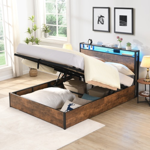 Lift-up Storage Bed Frame, Full Size Bed Frame with Bookcase Headboard & LED Lights, Wooden Platform Bed Frame with Charging Station, No Spring Box Needed, Rustic Brown - MDF+Metal - Industrial - Bedroom - Box Spring Not Required - Metal