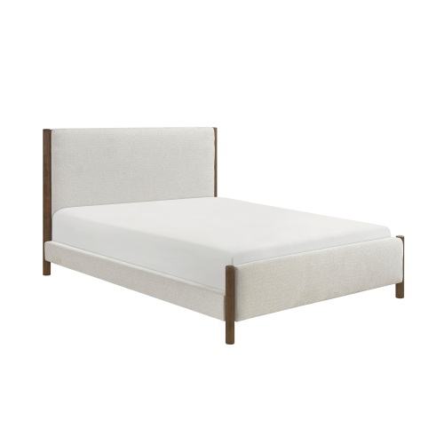 King Size Platform Bed Beige Chenille Upholstery Solid Wood Contemporary Bedroom Furniture 1pc - Modern - Box Spring Not Required