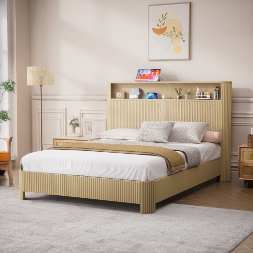 Queen Size bed frame with storage headboard, built-in charging station, wavy curved lines design, silent operation, metal support, Natural - MDF - Natural - Queen Size - Not Specified