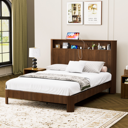 Queen Size bed frame with storage headboard, built-in charging station, wavy curved lines design, silent operation, metal support, Walnut - MDF - Walnut - Queen Size - Not Specified
