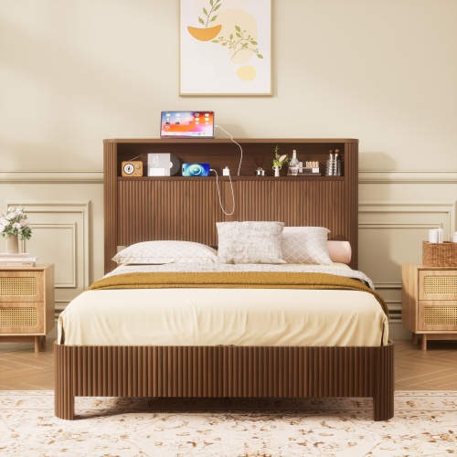 Full Extra Long(Full XL) Size bed frame with storage headboard, built-in charging station, wavy curved lines design, silent operation, metal support, Walnut - MDF - Walnut- Full XL