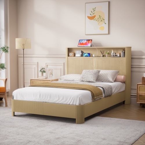 Full Extra Long(Full XL) Size bed frame with storage headboard, built-in charging station, wavy curved lines design, silent operation, metal support, Natural - MDF - Natural - Full XL