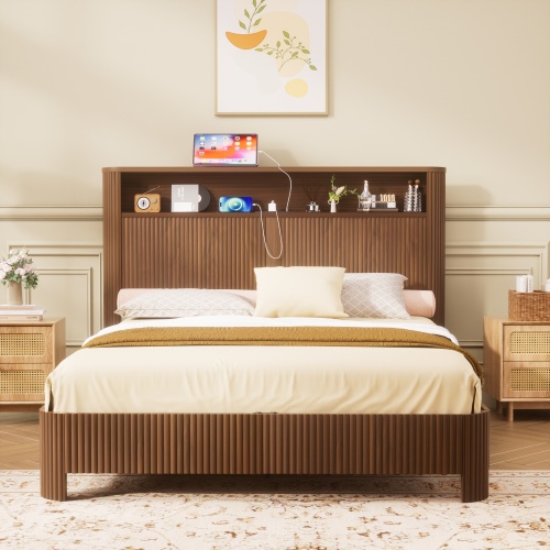Queen-size slatted bed frame with storage, built-in charging ports, wave-shaped design, and metal support structure, Walnut - MDF - Walnut - Queen Size - New - Not Specified