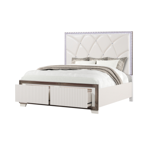 Fabio Contemporary Style King Tufted Bed Made with Diamond-Shaped Side Accents and LED Lighting and Wood in White Finish - Solid Wood+MDF - Modern - Bedroom - Bed Frame - Box Spring Not Required - Acacia - Not Specified - Faux Leather