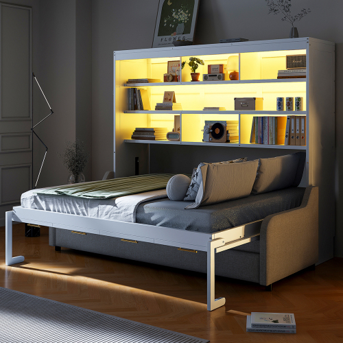 Full Size Murphy Cabinet Bed with Folding Sofa, Built-in Storage Shelves and LED Light, Beige - MDF