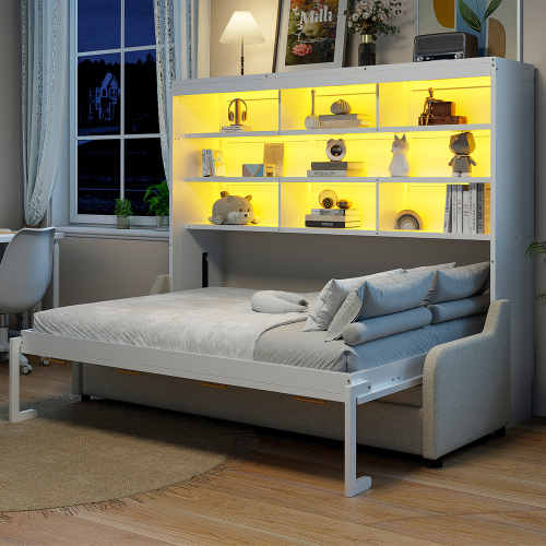 Queen Size Murphy Cabinet Bed with Folding Sofa, Built-in Storage Shelves and LED Light, Beige - MDF